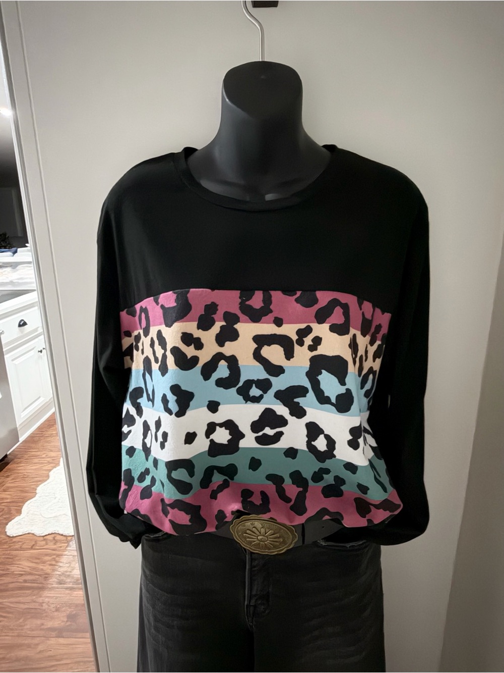 Women's Black Top with Multicolor Leopard Stripe Panel by Sunshine & Rodeos